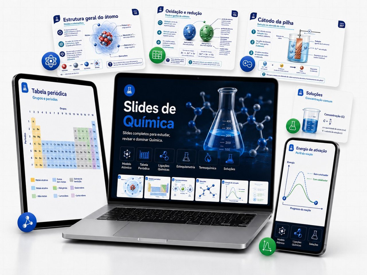 +250 Slides Visuais de Química Prontos - Mockup do Produto
